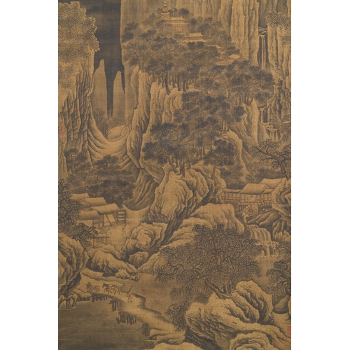 97 - Chinese school: 'Mountainous landscape', ink and colour on silk, MingDescription:Dim.: 257 x 82,5 cm... 