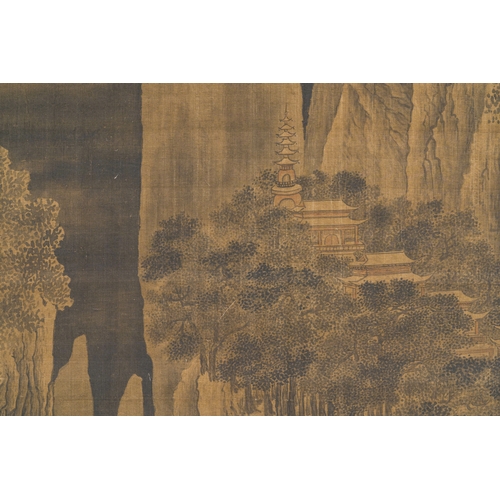 97 - Chinese school: 'Mountainous landscape', ink and colour on silk, MingDescription:Dim.: 257 x 82,5 cm... 