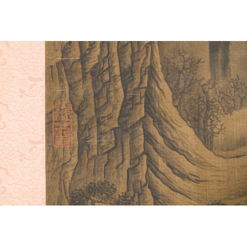 97 - Chinese school: 'Mountainous landscape', ink and colour on silk, MingDescription:Dim.: 257 x 82,5 cm... 