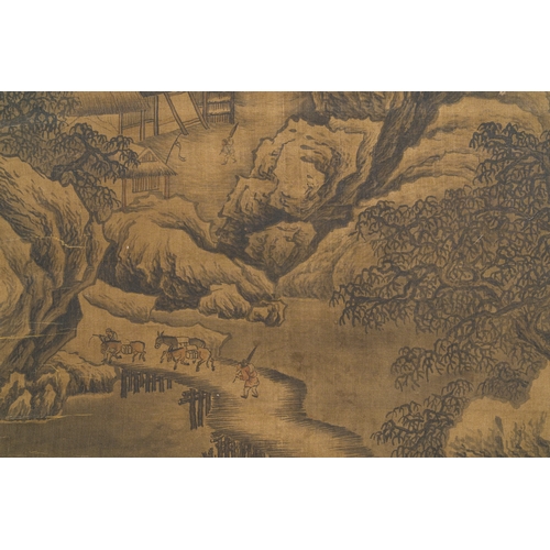 97 - Chinese school: 'Mountainous landscape', ink and colour on silk, MingDescription:Dim.: 257 x 82,5 cm... 