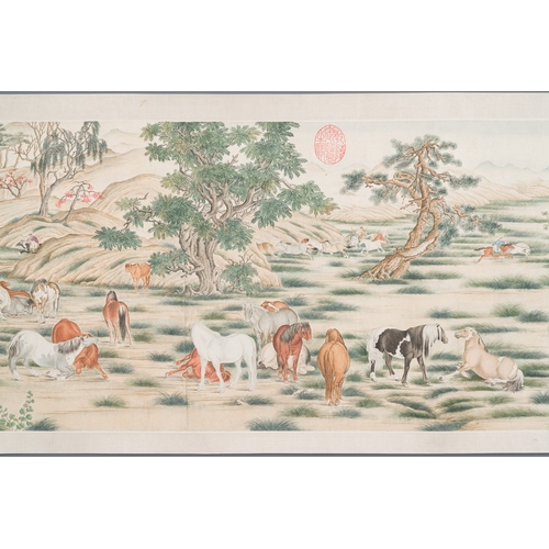 98 - Chinese school, after Giuseppe Castiglione éä¸å¯§ (1688-1766): '100 horses', handscroll, ink and ... 