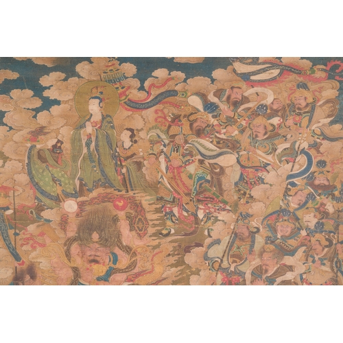 99 - Chinese school: 'A sky full of Buddhist divinities', ink and colour on silk, 18th C.Description:Dim.... 