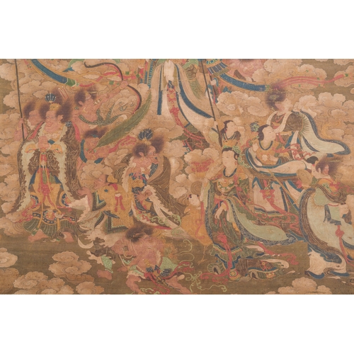 99 - Chinese school: 'A sky full of Buddhist divinities', ink and colour on silk, 18th C.Description:Dim.... 