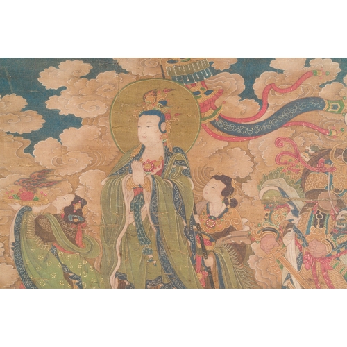 99 - Chinese school: 'A sky full of Buddhist divinities', ink and colour on silk, 18th C.Description:Dim.... 