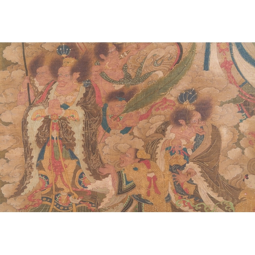 99 - Chinese school: 'A sky full of Buddhist divinities', ink and colour on silk, 18th C.Description:Dim.... 