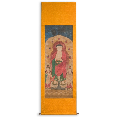 100 - Chinese school: 'Buddha standing on two lotus flowers', ink and colour on silk, 18/19th C.Descriptio... 