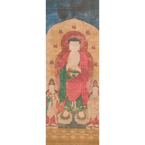 100 - Chinese school: 'Buddha standing on two lotus flowers', ink and colour on silk, 18/19th C.Descriptio... 