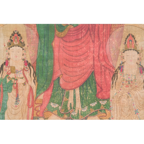 100 - Chinese school: 'Buddha standing on two lotus flowers', ink and colour on silk, 18/19th C.Descriptio... 