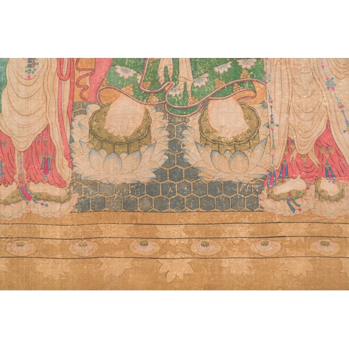 100 - Chinese school: 'Buddha standing on two lotus flowers', ink and colour on silk, 18/19th C.Descriptio... 