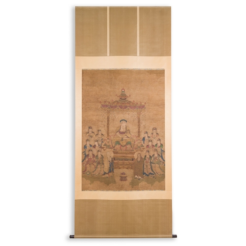 102 - Chinese school: 'Buddha seated on a lotus throne', ink and colour on silk, 18/19th C.Description:Dim... 