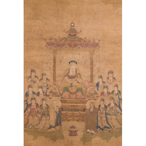 102 - Chinese school: 'Buddha seated on a lotus throne', ink and colour on silk, 18/19th C.Description:Dim... 