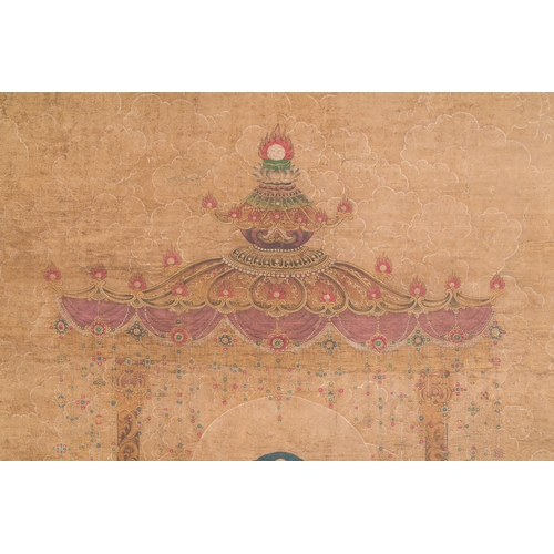 102 - Chinese school: 'Buddha seated on a lotus throne', ink and colour on silk, 18/19th C.Description:Dim... 