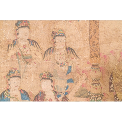 102 - Chinese school: 'Buddha seated on a lotus throne', ink and colour on silk, 18/19th C.Description:Dim... 