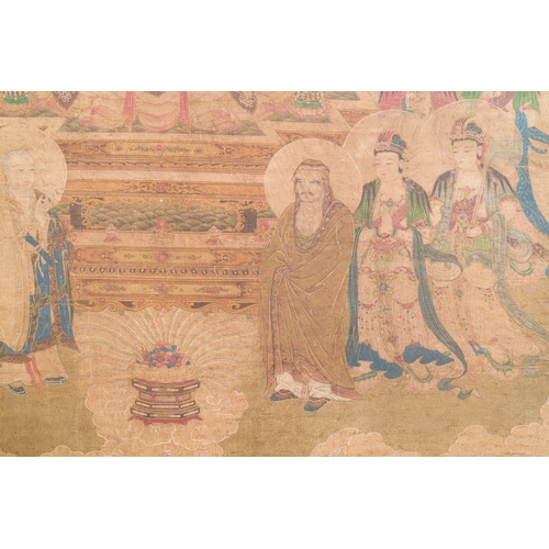 102 - Chinese school: 'Buddha seated on a lotus throne', ink and colour on silk, 18/19th C.Description:Dim... 