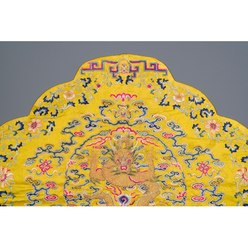 104 - An imperial Chinese embroidered silk gold-thread yellow-ground cushion cover, 19th C.Description:Dim... 