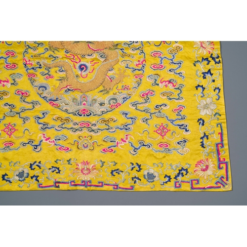 104 - An imperial Chinese embroidered silk gold-thread yellow-ground cushion cover, 19th C.Description:Dim... 