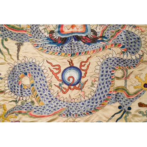 105 - A large Chinese yellow-ground silk embroidery decorated with three five-clawed dragons, 19th C.Descr... 