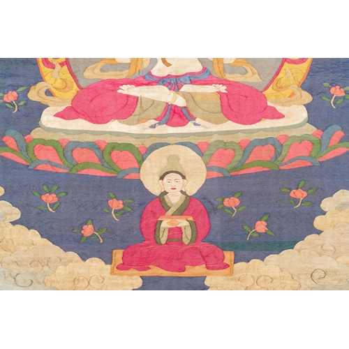 109 - A Chinese kesi silk weaving depicting 'Buddha sitting on a lotus throne', QingDescription:Dim.: 110 ... 