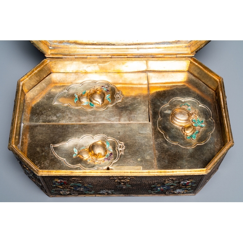 113 - A rare Chinese imperial filigree, gilt and polychrome enamelled silver lidded box inlaid with precio... 