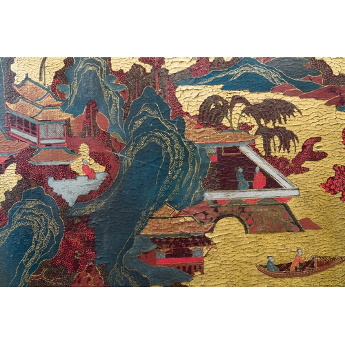 115 - A Chinese gilt-lacquered and painted wood table screen, Shanxi, 16/17th C.Description:Dim.: 83,5 x 6... 