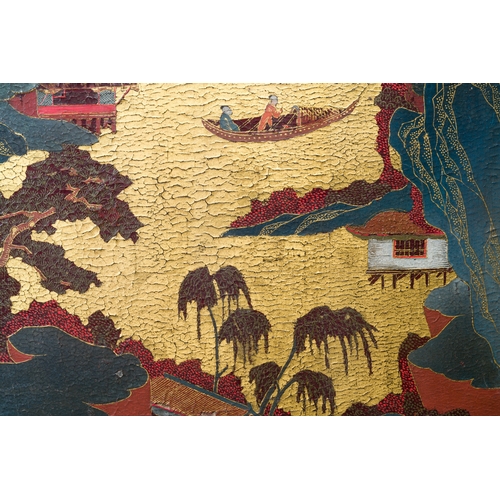 115 - A Chinese gilt-lacquered and painted wood table screen, Shanxi, 16/17th C.Description:Dim.: 83,5 x 6... 