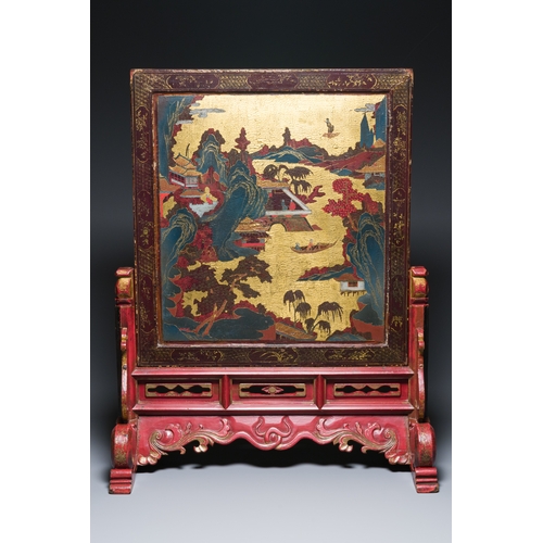 115 - A Chinese gilt-lacquered and painted wood table screen, Shanxi, 16/17th C.Description:Dim.: 83,5 x 6... 