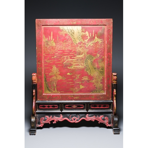 115 - A Chinese gilt-lacquered and painted wood table screen, Shanxi, 16/17th C.Description:Dim.: 83,5 x 6... 