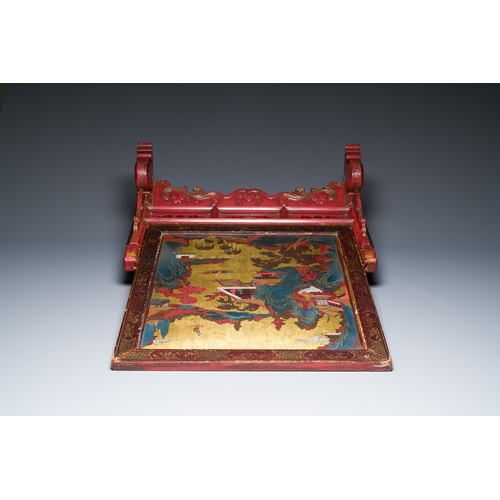 115 - A Chinese gilt-lacquered and painted wood table screen, Shanxi, 16/17th C.Description:Dim.: 83,5 x 6... 