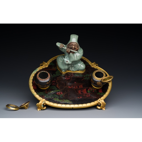 124 - A French lacquered and painted wood, gilt bronze and Japanese celadon porcelain inkwell desk set, la... 