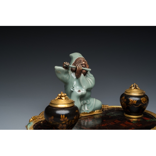 124 - A French lacquered and painted wood, gilt bronze and Japanese celadon porcelain inkwell desk set, la... 