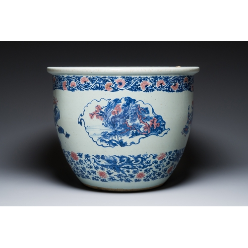 138 - An exceptional massive Chinese blue, white and copper-red fish bowl with antiquities and 'Master of ... 