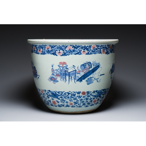 138 - An exceptional massive Chinese blue, white and copper-red fish bowl with antiquities and 'Master of ... 