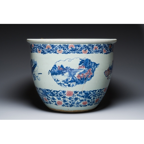 138 - An exceptional massive Chinese blue, white and copper-red fish bowl with antiquities and 'Master of ... 