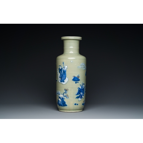 141 - A Chinese celadon-ground blue, white and copper-red rouleau vase, KangxiDescription:H.: 46 cmConditi... 