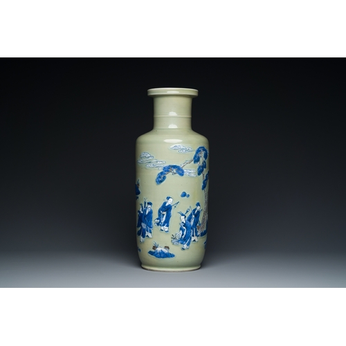 141 - A Chinese celadon-ground blue, white and copper-red rouleau vase, KangxiDescription:H.: 46 cmConditi... 