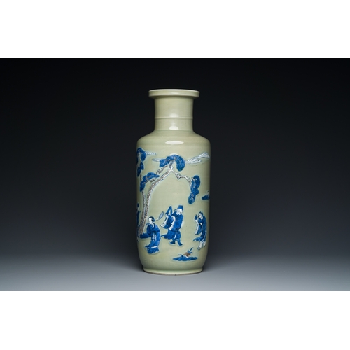 141 - A Chinese celadon-ground blue, white and copper-red rouleau vase, KangxiDescription:H.: 46 cmConditi... 