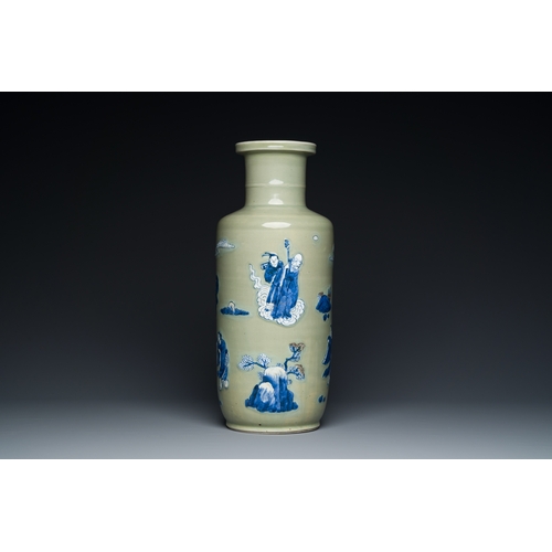 141 - A Chinese celadon-ground blue, white and copper-red rouleau vase, KangxiDescription:H.: 46 cmConditi... 