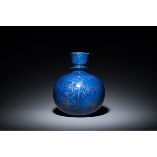 149 - A Chinese monochrome powder-blue-glazed hookah base with gilt design of lotus scrolls, KangxiDescrip... 