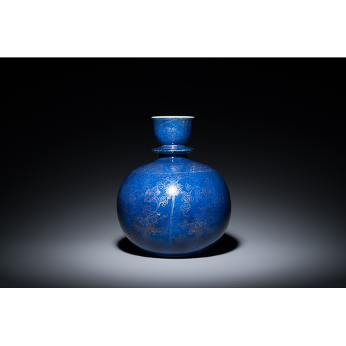 149 - A Chinese monochrome powder-blue-glazed hookah base with gilt design of lotus scrolls, KangxiDescrip... 