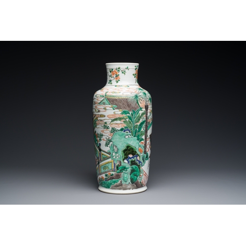 186 - A Chinese famille verte rouleau vase with ladies at a scholar's table, KangxiDescription:H.: 41,5 cm... 