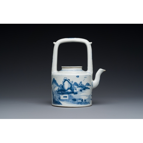 195 - A Chinese blue and white teapot with a fine landscape, Chenghua mark, KangxiDescription:H.: 16 cm - ... 