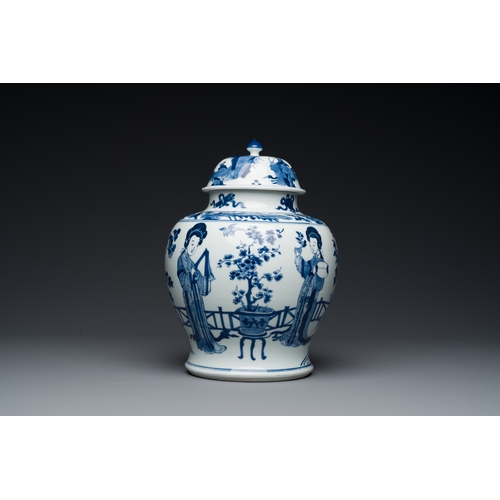 201 - A Chinese blue and white vase and cover with ladies in a garden, Chenghua mark, KangxiDescription:H.... 