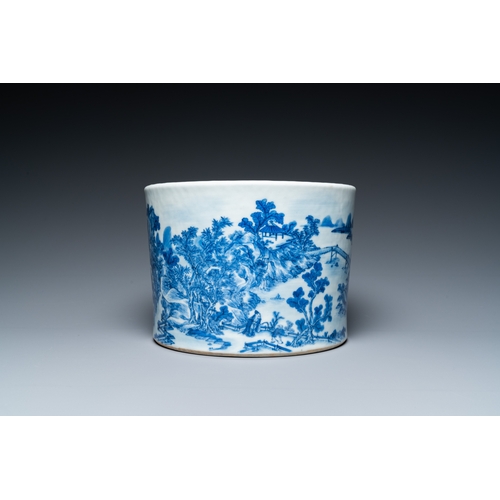 205 - A large Chinese blue and white brush pot with a refined mountainous landscape, 18th C.Description:Di... 