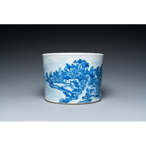 205 - A large Chinese blue and white brush pot with a refined mountainous landscape, 18th C.Description:Di... 