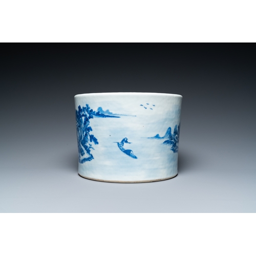 205 - A large Chinese blue and white brush pot with a refined mountainous landscape, 18th C.Description:Di... 