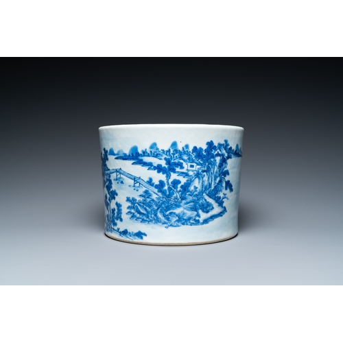 205 - A large Chinese blue and white brush pot with a refined mountainous landscape, 18th C.Description:Di... 