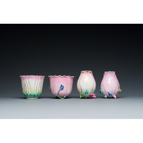 218 - Two Chinese relief-decorated famille rose 'lotus' cups and saucers and two jugs, YongzhengDescriptio... 