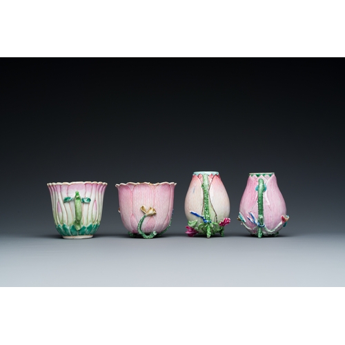 218 - Two Chinese relief-decorated famille rose 'lotus' cups and saucers and two jugs, YongzhengDescriptio... 