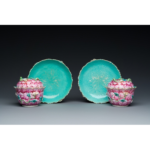 220 - A fine pair of Chinese famille rose 'lotus' bowls and covers on stands, QianlongDescription:Dia.: 15... 