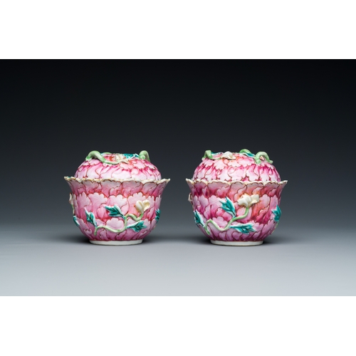 220 - A fine pair of Chinese famille rose 'lotus' bowls and covers on stands, QianlongDescription:Dia.: 15... 